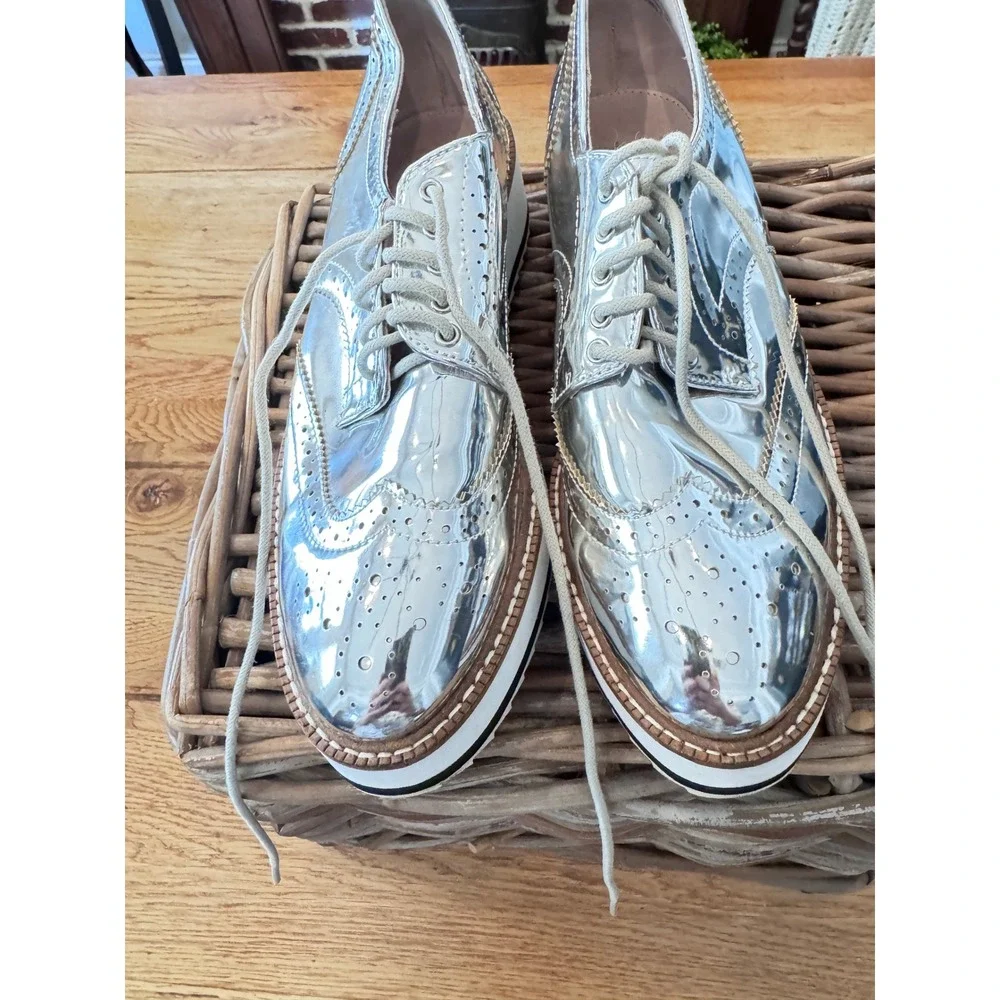 Metallic Silver Platform Oxford Wingtip Brogue Lace Up Shoes 7.5 38